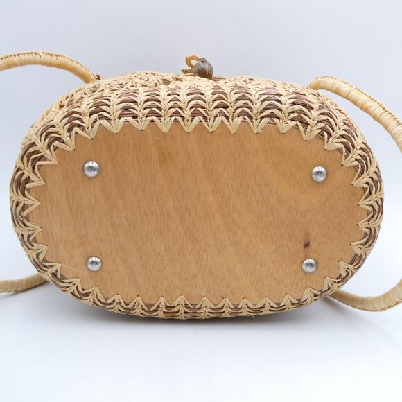 Handmade Woven Pine Straw Basket Purse 10x7 Wood Bottom Retro Boho VTG EUC - Picture 11 of 13